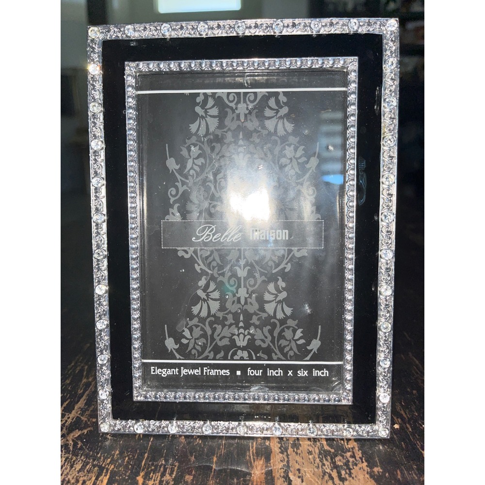 Belle Maison Elegant Jewel Frame 4x6 Black Enamel Rhinestone Silver Tone New